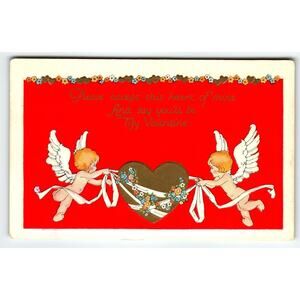 Vintage Valentine Postcard with Cherubs and Heart, 1900s Era - Embossed